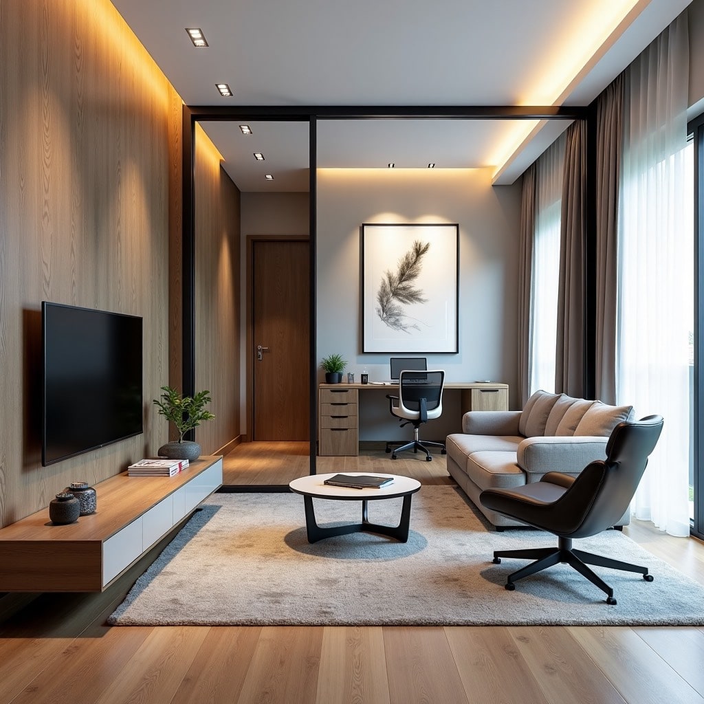 Рабочий кабинет в гостиной расположен за перегородкой с зеркалом Рабочий кабинет в гостиной расположен за перегородкой с зеркалом