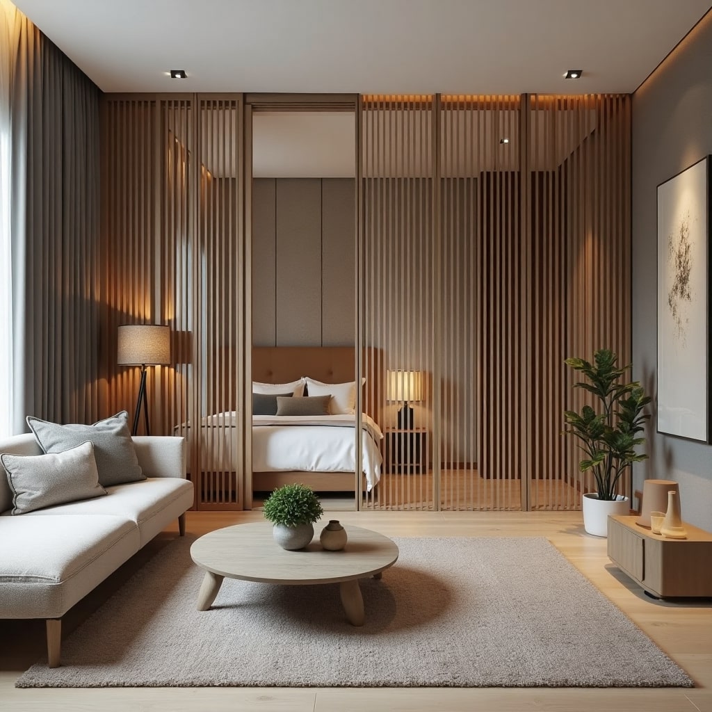 Гостиная со спальной зоной разделена рейками из дерева Гостиная со спальной зоной разделена рейками из дерева