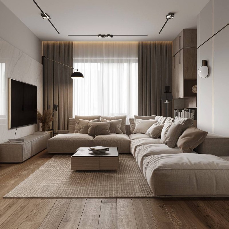 Современная гостиная с просторным угловым диваном и ТВ-зоной Современная гостиная с просторным угловым диваном и ТВ-зоной