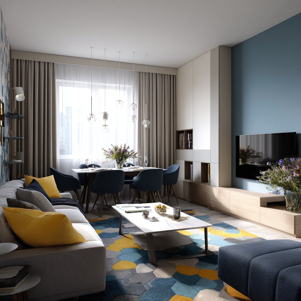 Обеденная зона отделена от зоны отдыха акцентной стеной и ярким ковром Обеденная зона отделена от зоны отдыха акцентной стеной и ярким ковром