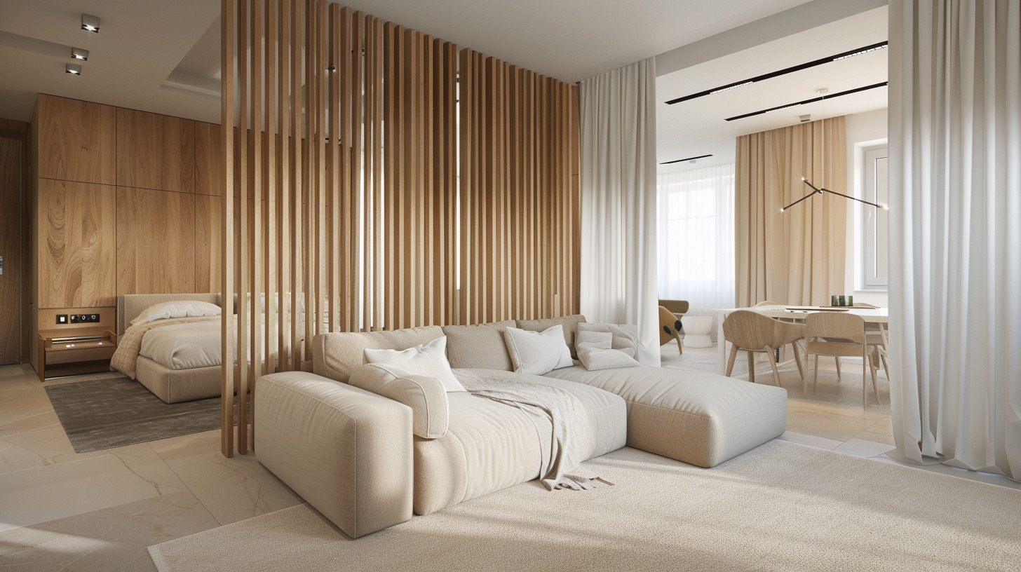 Самый популярный вариант зонирования - реечной перегородкой